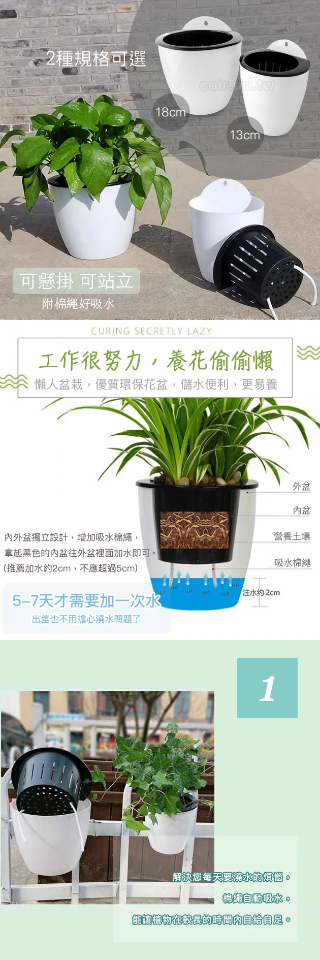 自動澆水壁掛花盆18cm（附棉繩） 商品圖片 3