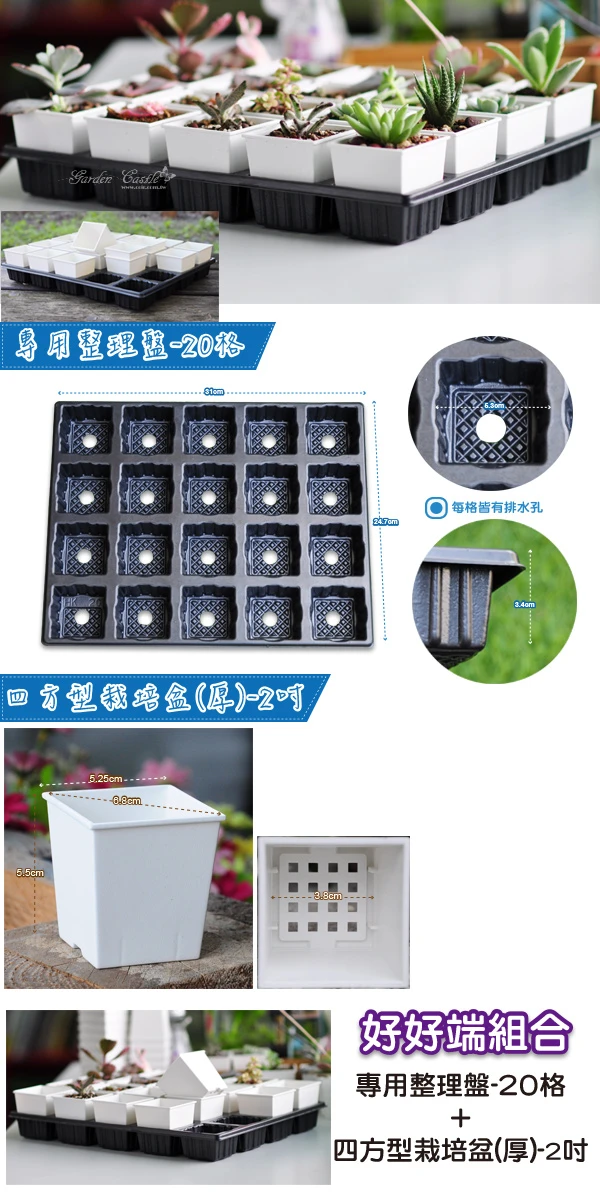 【超值組】20個x四方型栽培盆(厚)-2吋白色+專用整理端盤20格 商品圖片 2