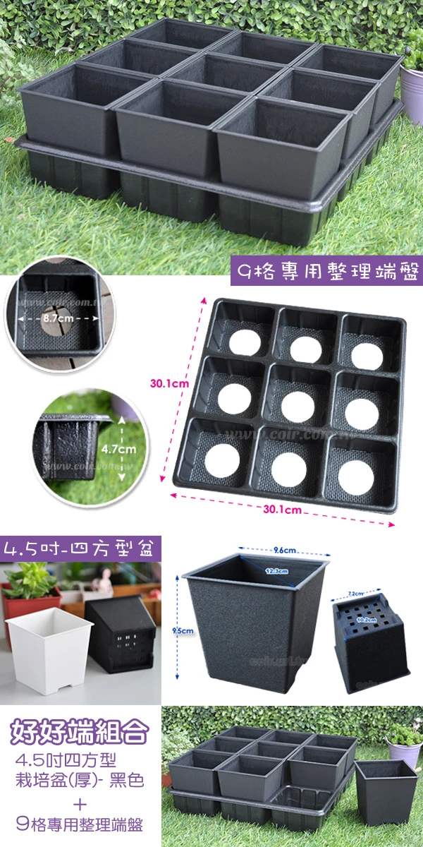 【超值組】9個x4.5寸方型栽培盆(厚)+專用整理端盤9格 商品圖片 3